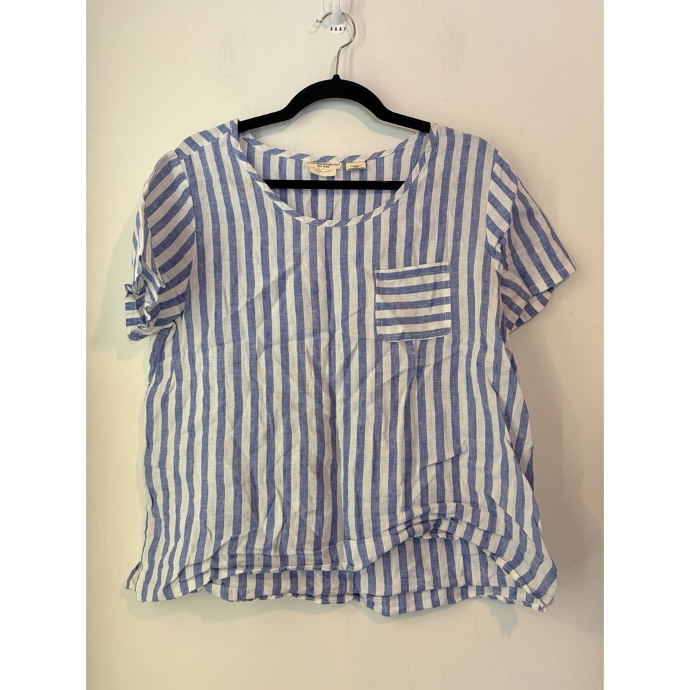 Christian Siriano 100% Linen Blouse Short Sleeve Blue White Stripe Medium Loose‎
